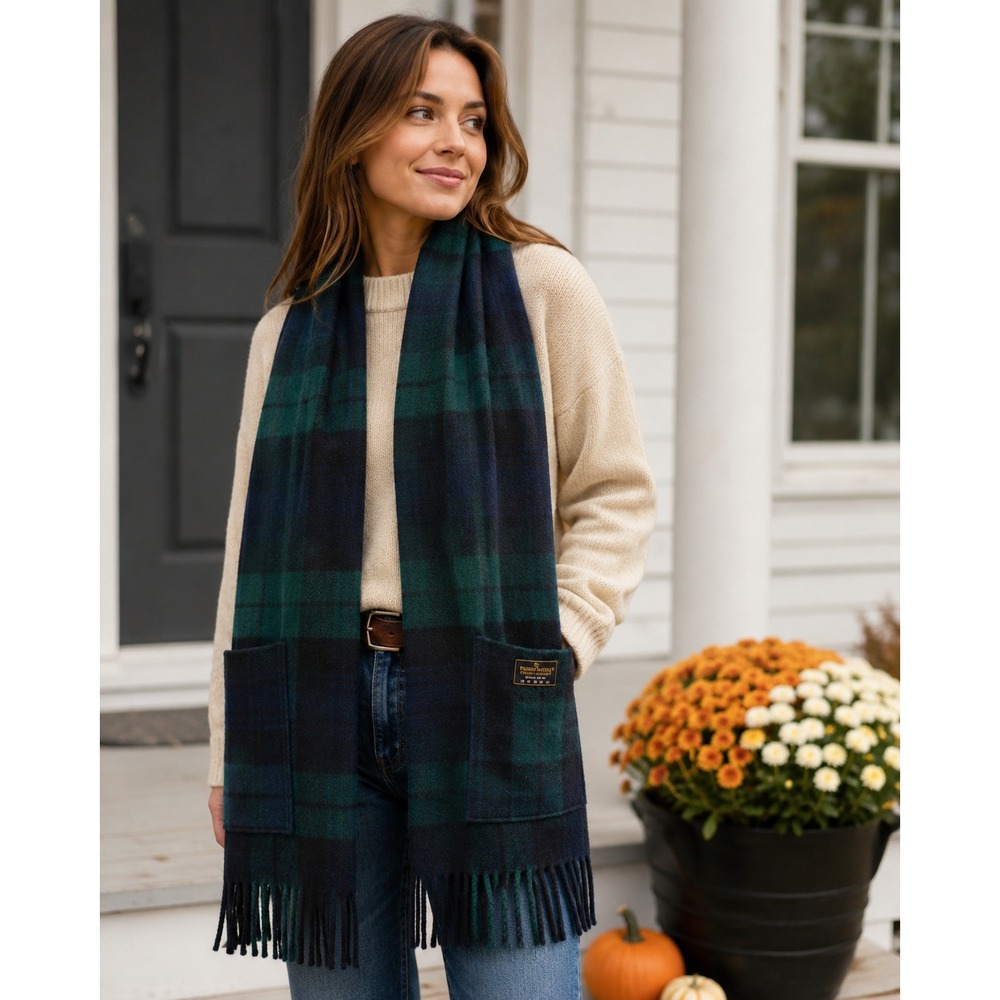 Patrick King Wool Scarf Navy Green Black Watch Tartan Plaid with Pockets 72x10.5